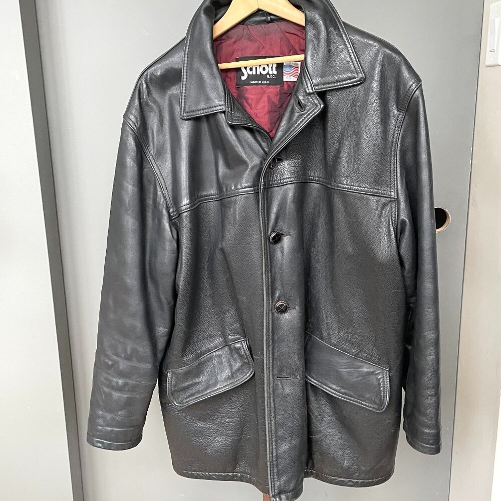 Schott NYC men leather jacket long with lining  heavy k leather vintage size 46